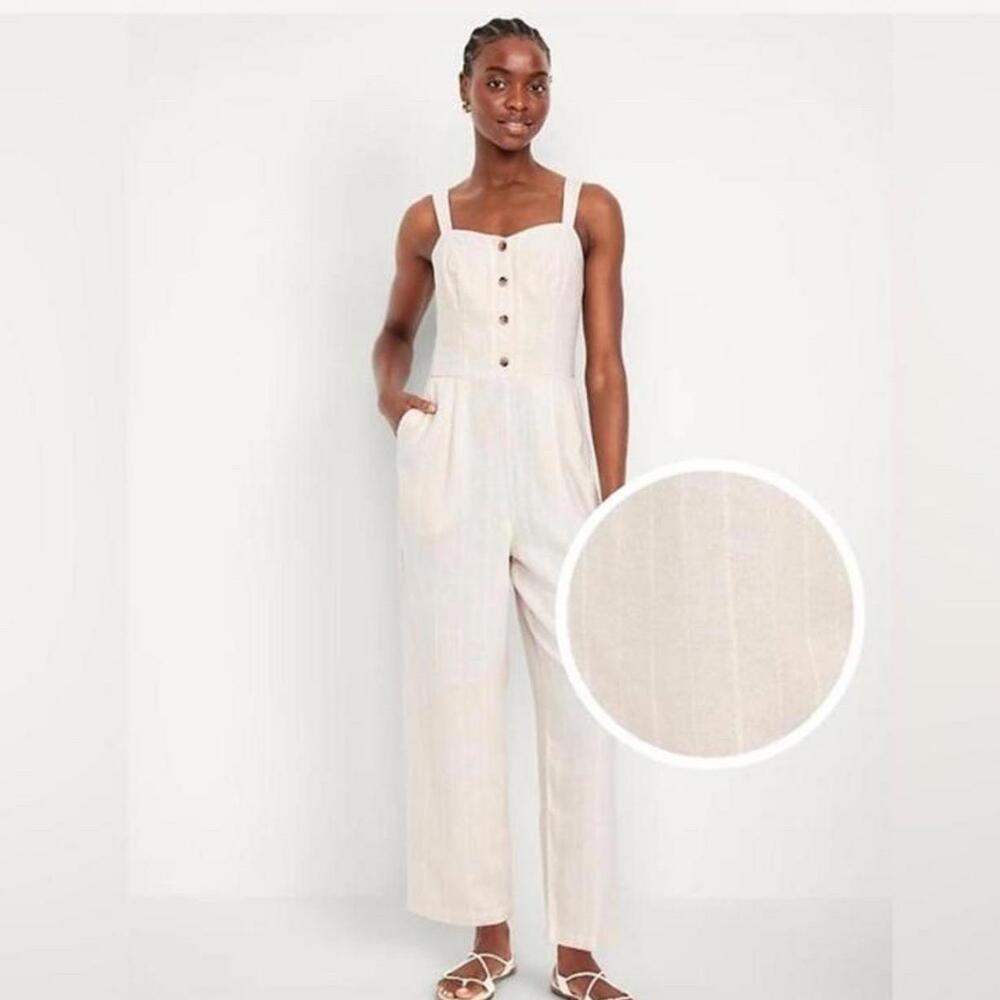 Old Navy Linen Jumpsuit Wide Leg Button Cream And White Stripe Smocked  Sz Xl